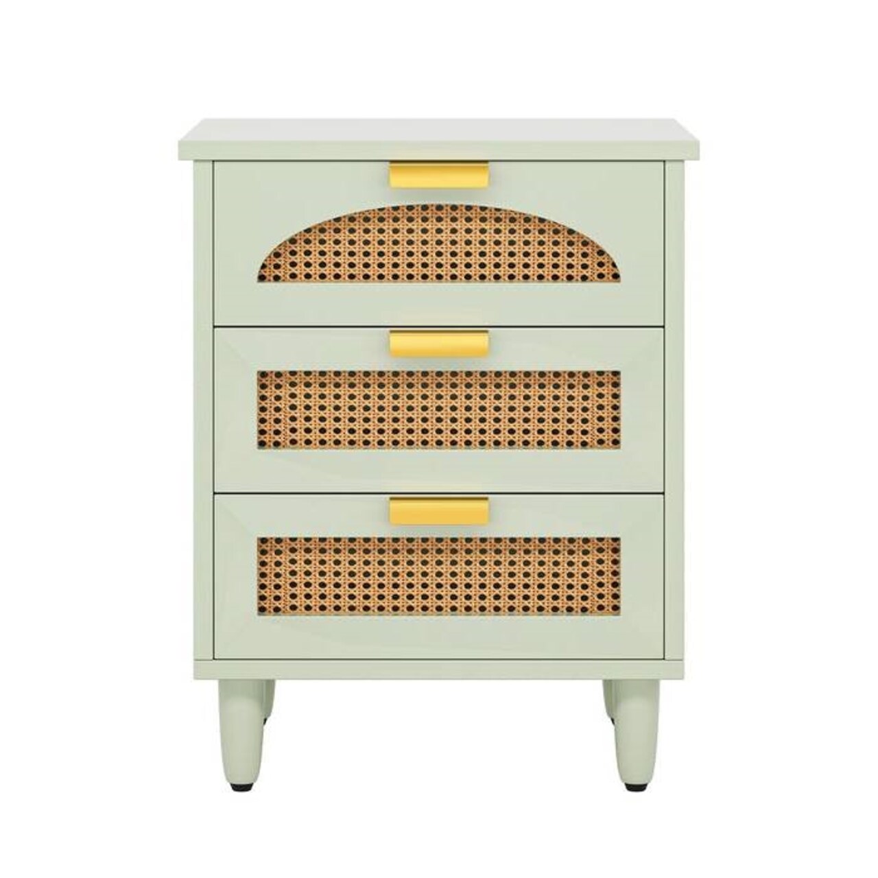 Retro Green 3-Drawer Wooden Nightstand with Rattan Accents and Gold Handles for Bedroom